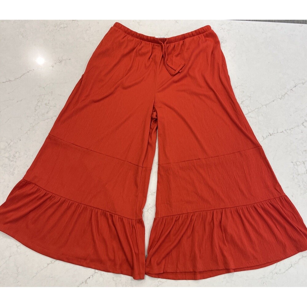 Peace Love World Palazzo Knit Gauze Tiered Wide Leg Pants Pockets Red Sz L